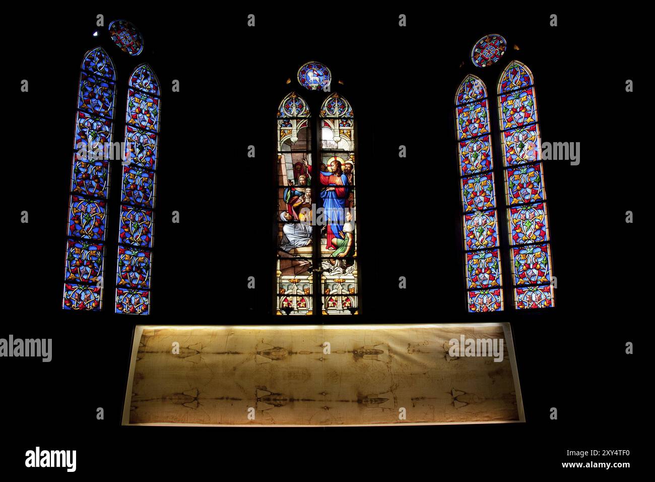 A copy of the holy shroud in the cathedral of Saint Francis de Sales, in Chambery Stock Photo