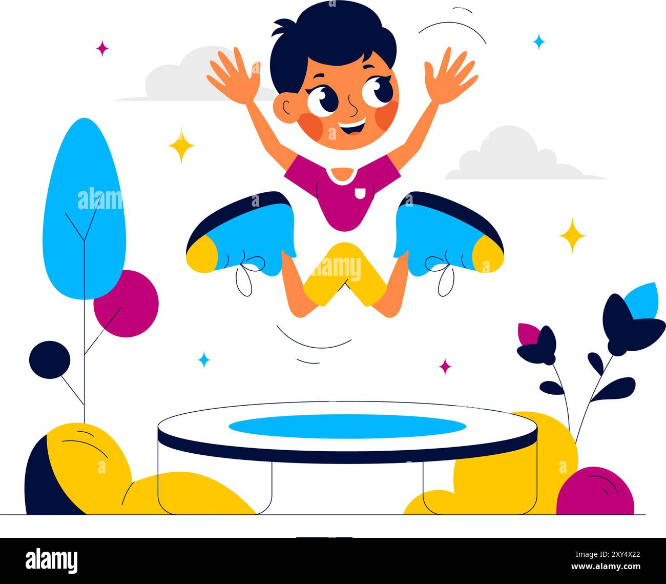 Vector Illustration of a Little Boy or Girl Jumping on a Trampoline ...