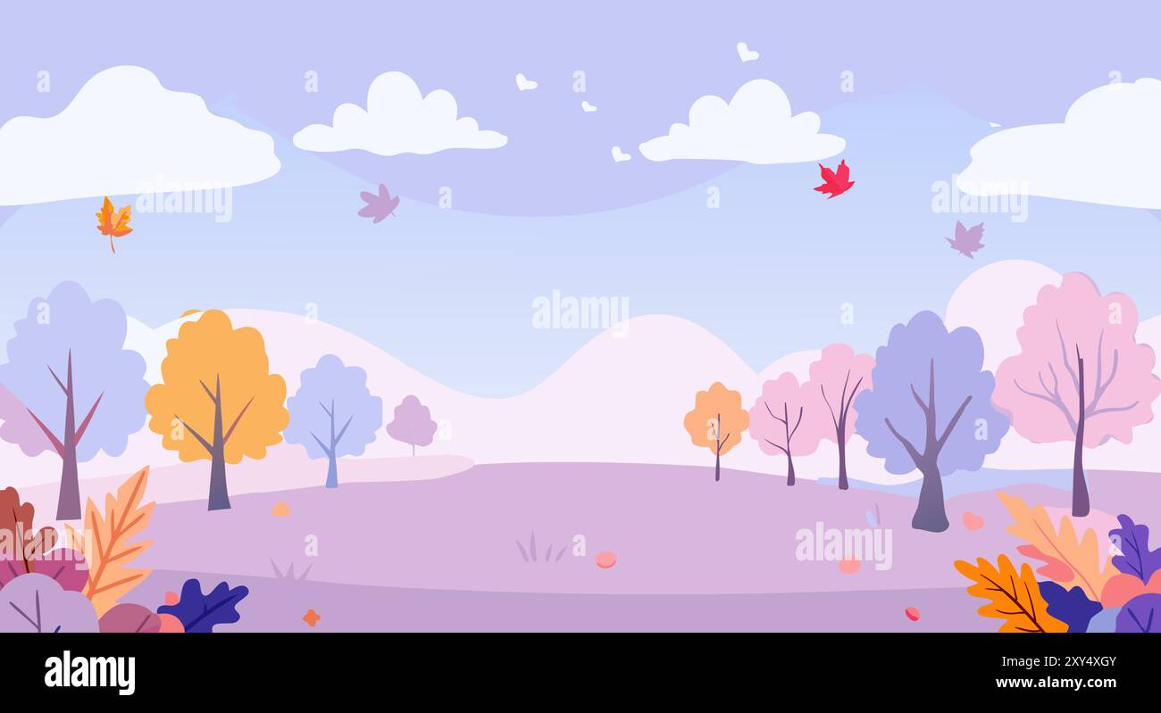 A charming vector illustration of an autumn forest landscape featuring ...