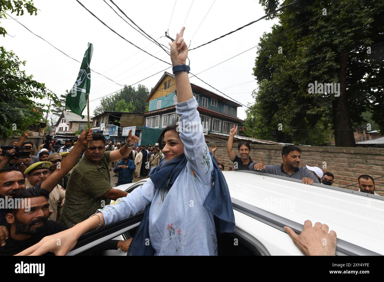 Anantnag, Jammu And Kashmir, India. 27th Aug, 2024. Iltija Mufti daughter of EX CM J&K Mehbooba Mufti, flashes victory sign after filing her nomination papers for Bijbehara seat for the for the upcoming assembly elections. (Credit Image: © Basit Zargar/ZUMA Press Wire) EDITORIAL USAGE ONLY! Not for Commercial USAGE! Stock Photo