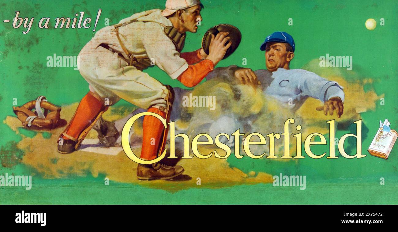 1930s chesterfield cigarettes Ad "A Pack O' Pleasure" (1930s). Poster feat a woman with a pack of cigarettes as a backpack Stock Photo 1930s USA Chesterfield Magazine Advert