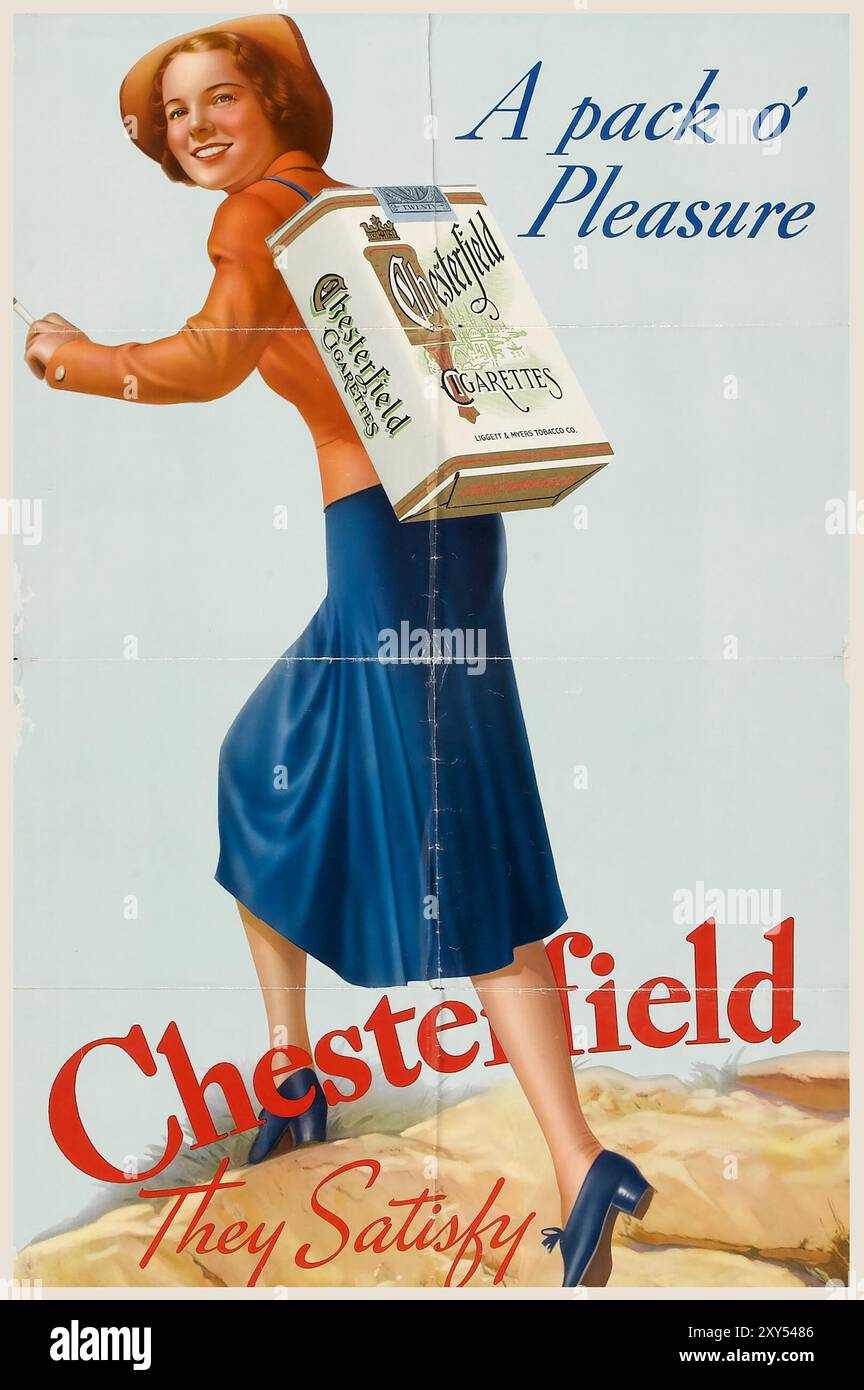 Chesterfield Cigarettes Ad 'A Pack O' Pleasure' (1930s). Poster feat a woman with a pack of cigarettes as a backpack Stock Photo