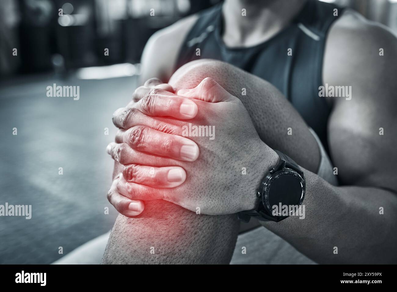 Workout Injuries Fitness, person and hands for knee pain on gym floor of wrong workout ...