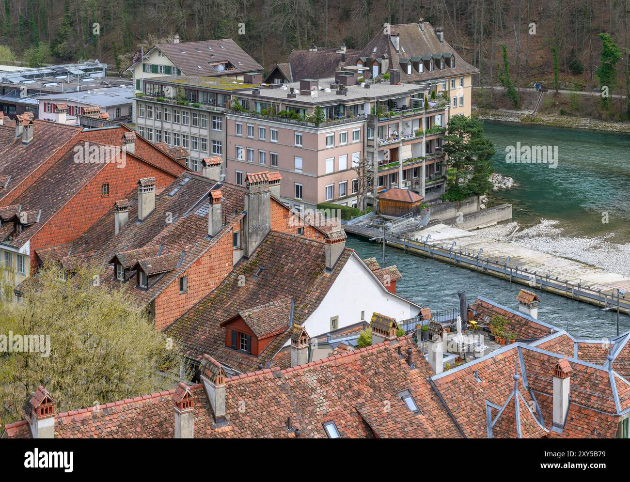 Weir over the River Aare in Old Town, Bern, Switzerland. shot from the Münsterplattform - a raised viewing platform with formal garden. Stock Photo