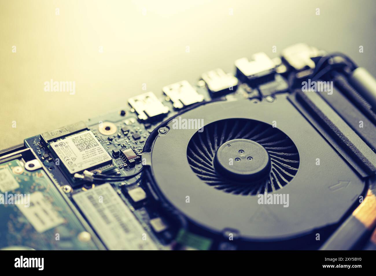 Computer cooling fan for overclocking on a circuit board, close up, Computer technology Stock Photo