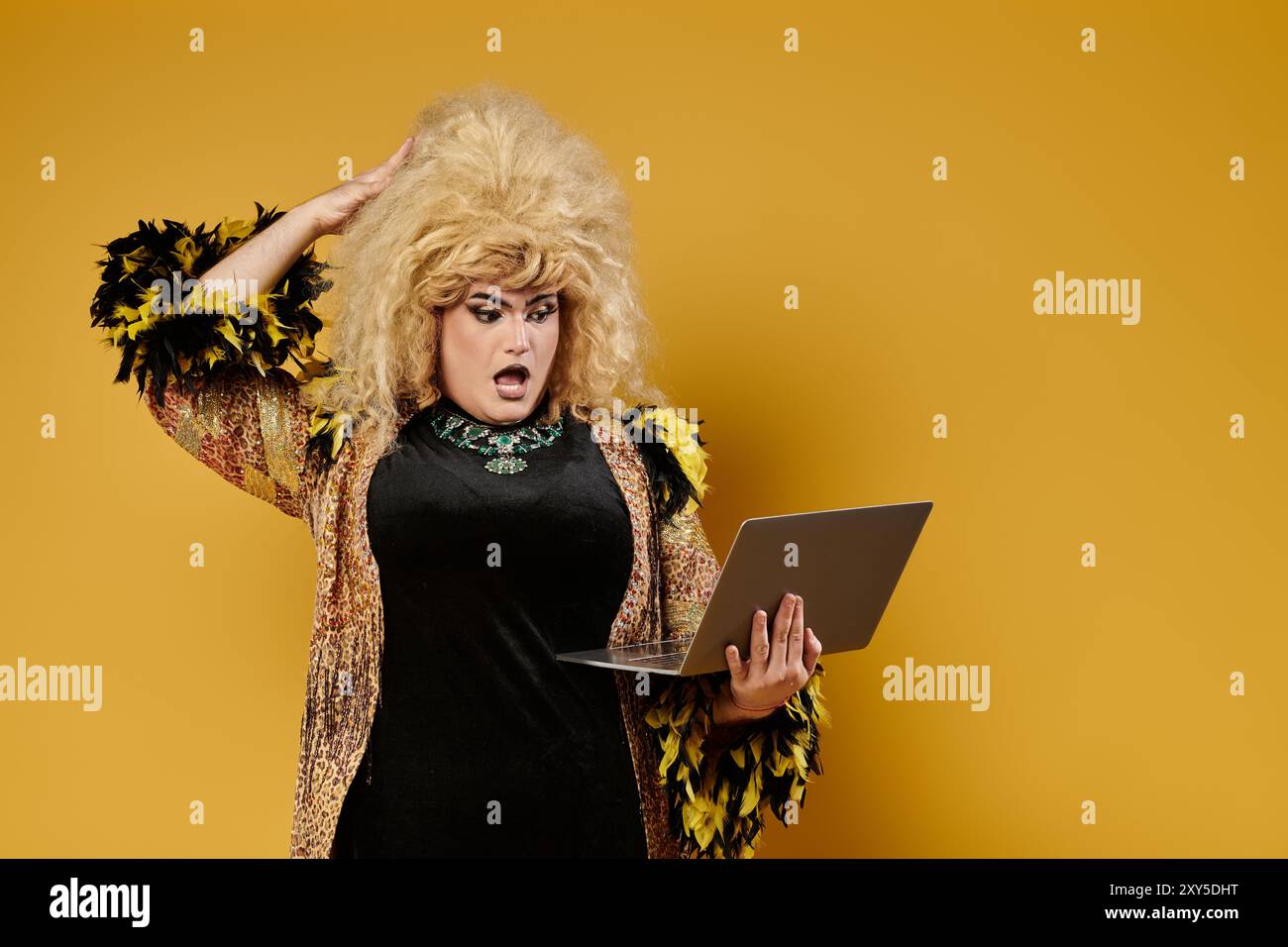 A drag queen in a stylish outfit stares in surprise at a laptop Stock ...