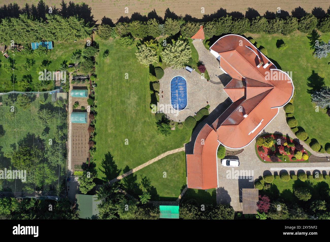 Aerial view of a luxury property with swimming pool by drone Stock ...
