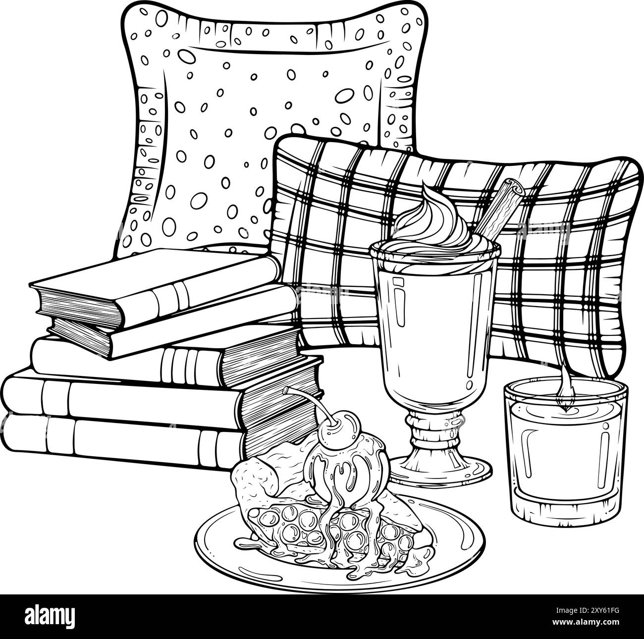 Home decor composition cozy autumn line art Stock Vector