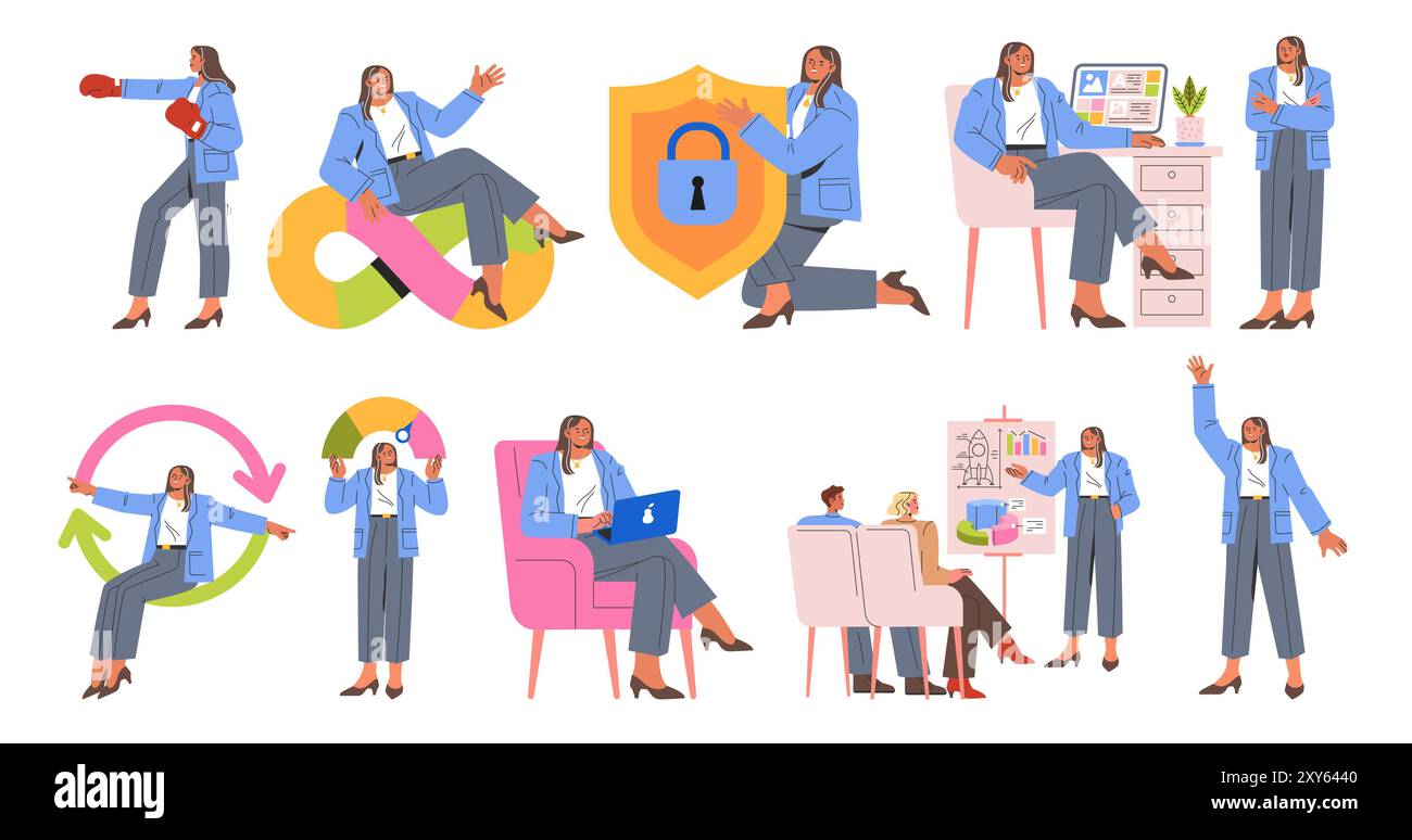 Businesswoman set. Diverse professional scenarios and dynamic work environments. Leadership, strategy, teamwork, and data analysis themes. Vector illustration. Stock Vector