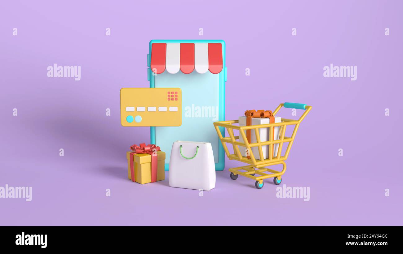 A 3D illustration representing online shopping, featuring a smartphone ...