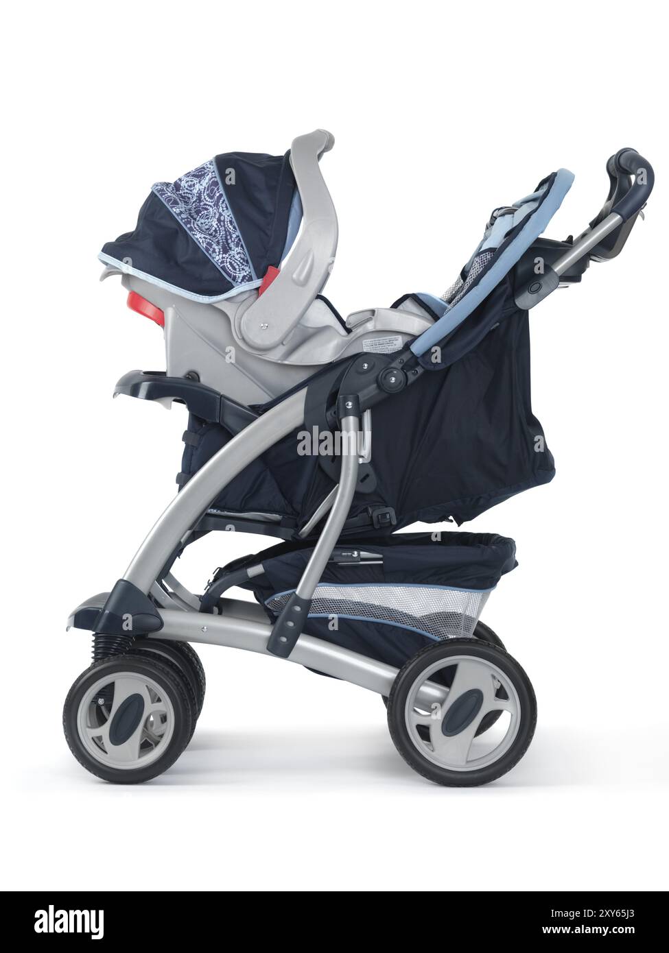Modern convertible baby stroller with an infant car seat isolated on ...