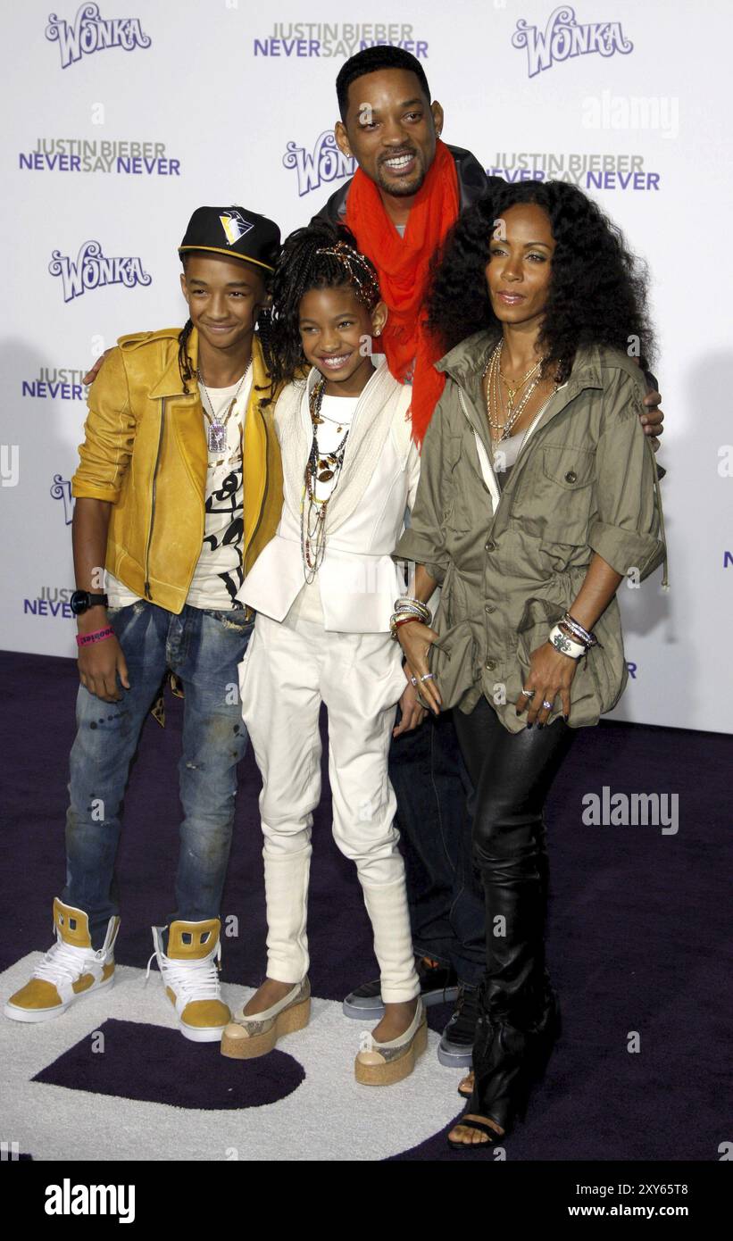 Jaden Smith, Willow Smith, Will Smith and Jada Pinkett Smith at the Los Angeles premiere of 'Justin Bieber: Never Say Never' held at the Nokia Theatre Stock Photo