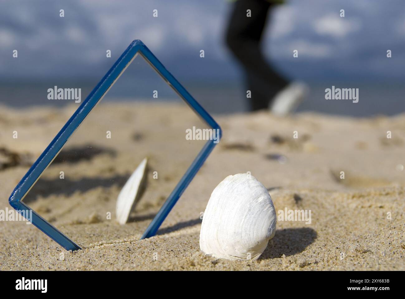 Shell and mirror on the beach Stock Photo