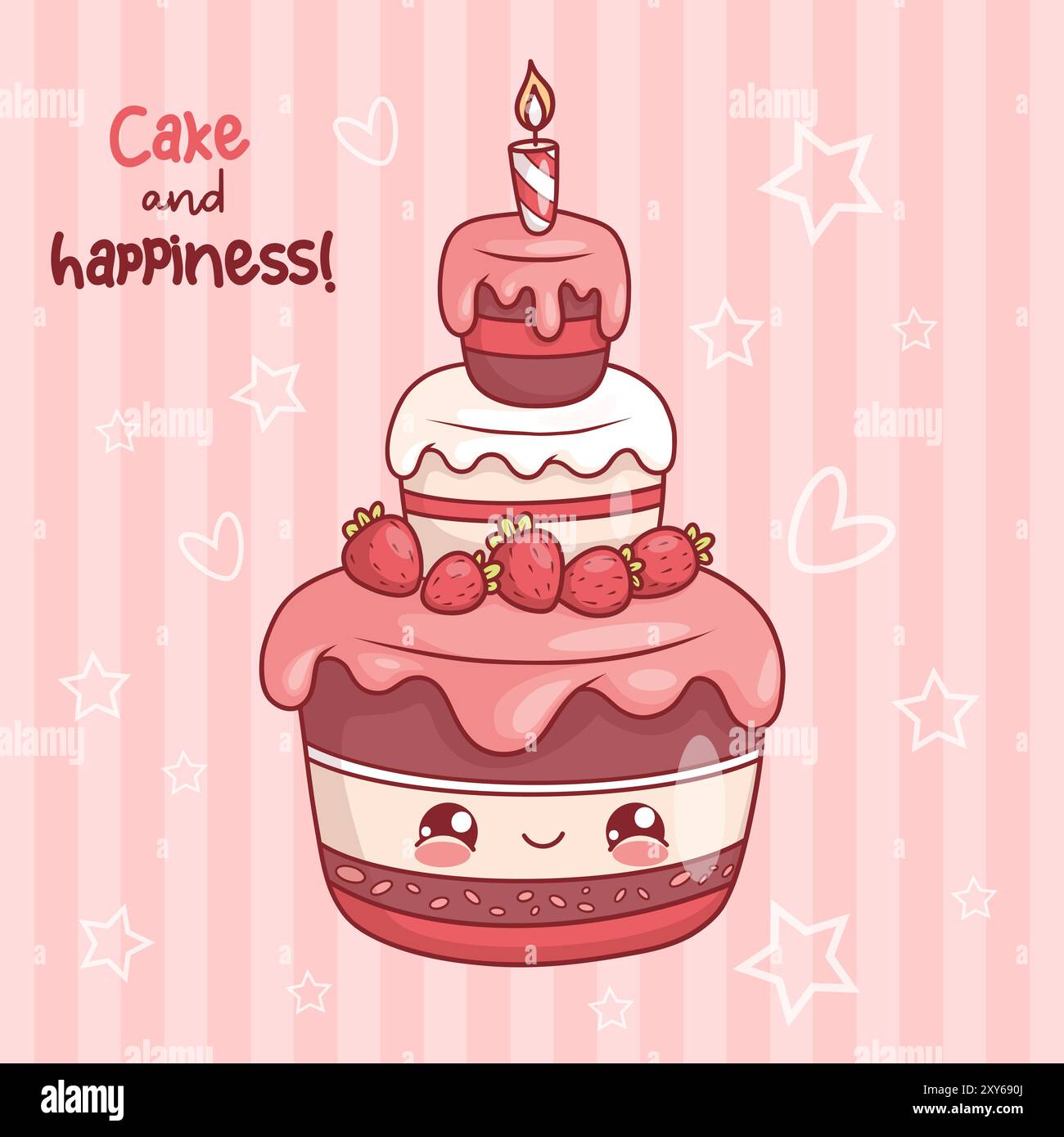 Cute birthday cake. Funny creamy bakery with strawberries, with drops  dripping fruit glaze and festive candle. Card with kawaii cartoon character  on p Stock Vector Image \u0026 Art - Alamy, image size:1300x1390