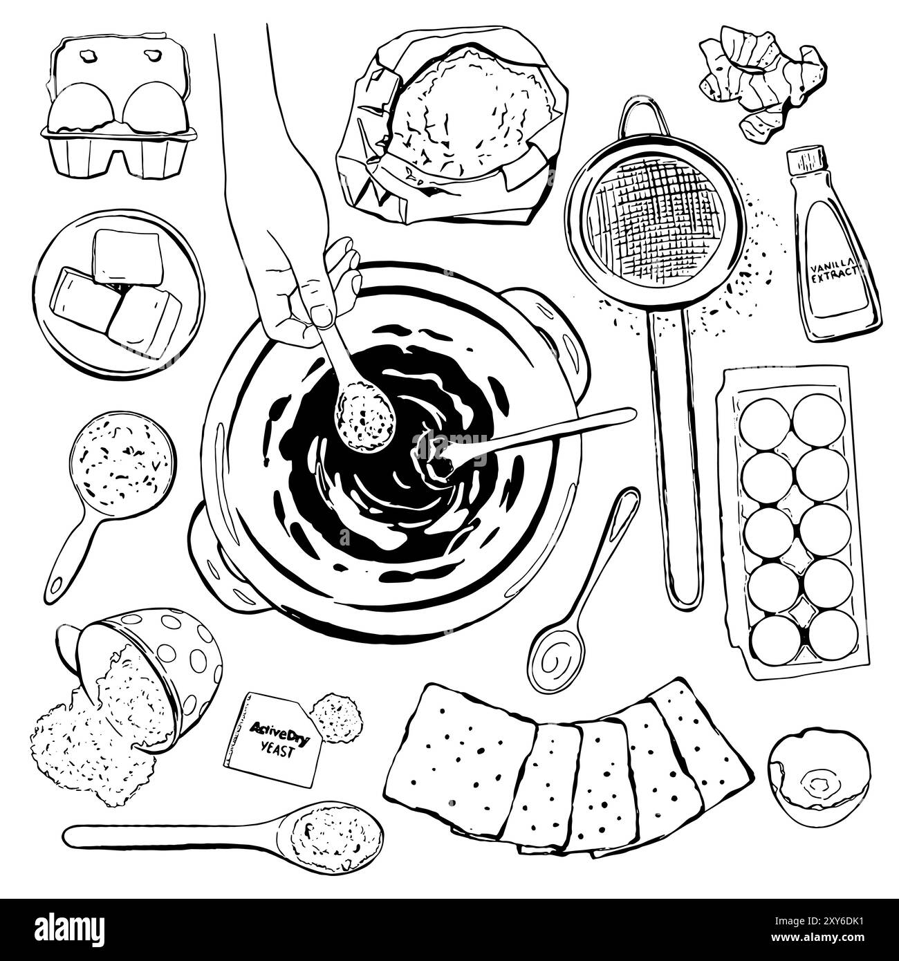 Outline cooking recipe design element set. Pastry ingredients, cooking gesture, tableware and accessories, flour, eggs, butter, sugar and cream. Black Stock Vector