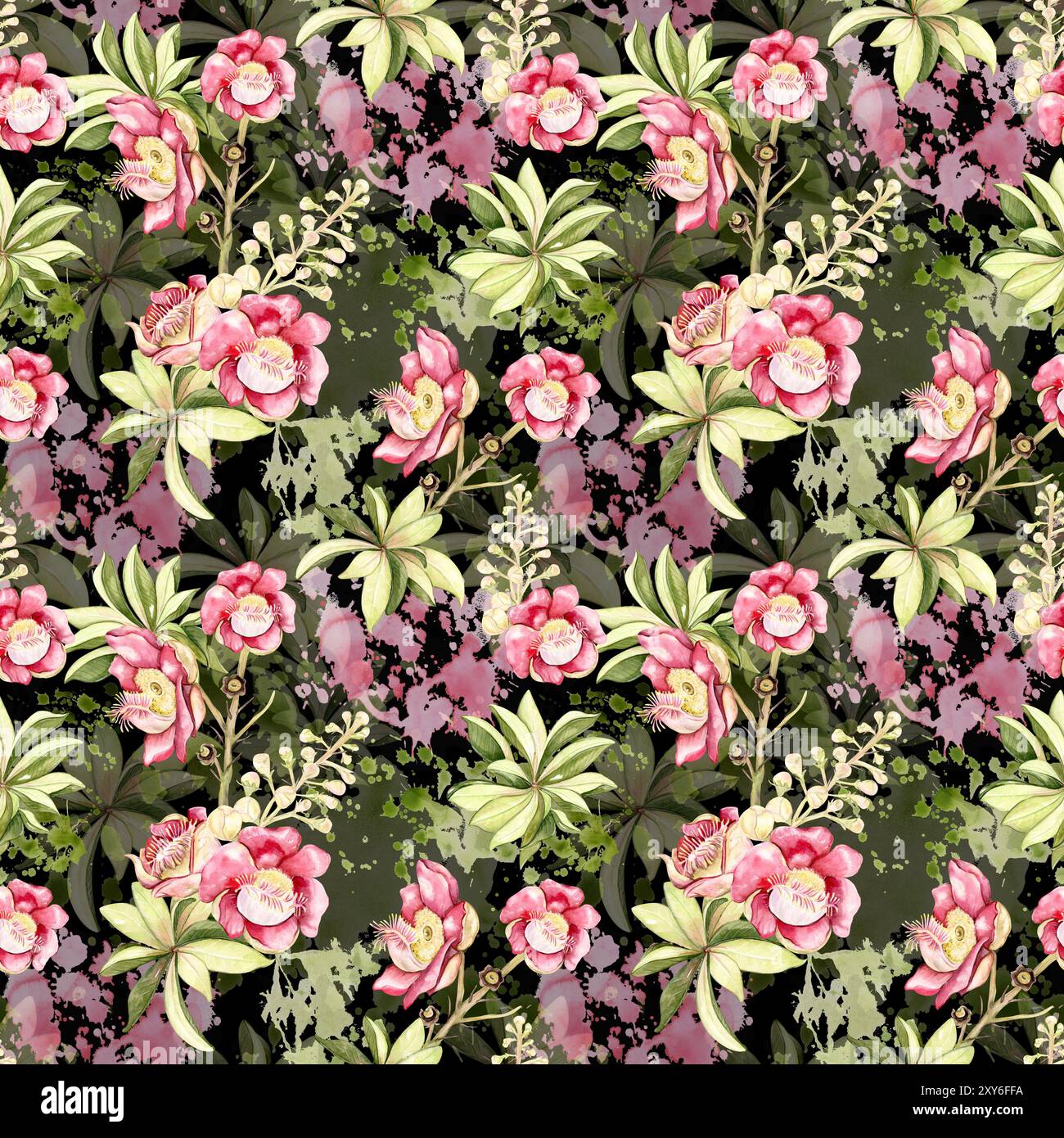 pink floral seamless pattern on a black background Stock Photo - Alamy