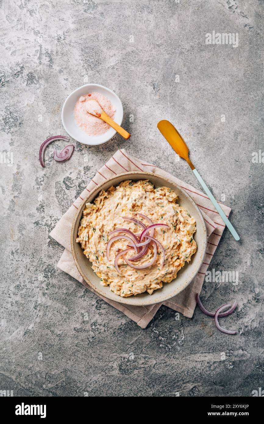 Fish Wing Rillette Homemade tuna and egg spread, fish rillettes with red onions Stock ...