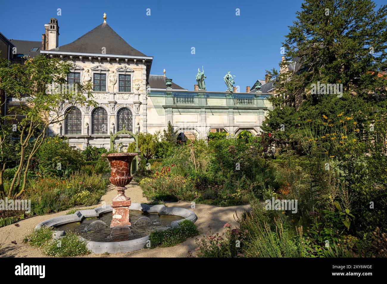 ANTWERP, 30th August 2024 The garden of the Rubens House is seen during a press tour of the new Rubens House building, Wednesday 28 August 2024. The Rubens House will reopen on Friday 30th August 2024. A visit then starts from Hopland 13. The new building by architects Robbrecht and Daem gives access to Rubens Experience, the luxuriantly redesigned baroque garden and the library. A strong piece of architecture, a colorful museum hall without a ceiling, 2,000 meters of books and papers and an offer that focuses fully on experience and comfort. This is what visitors should expect. This completes Stock Photo