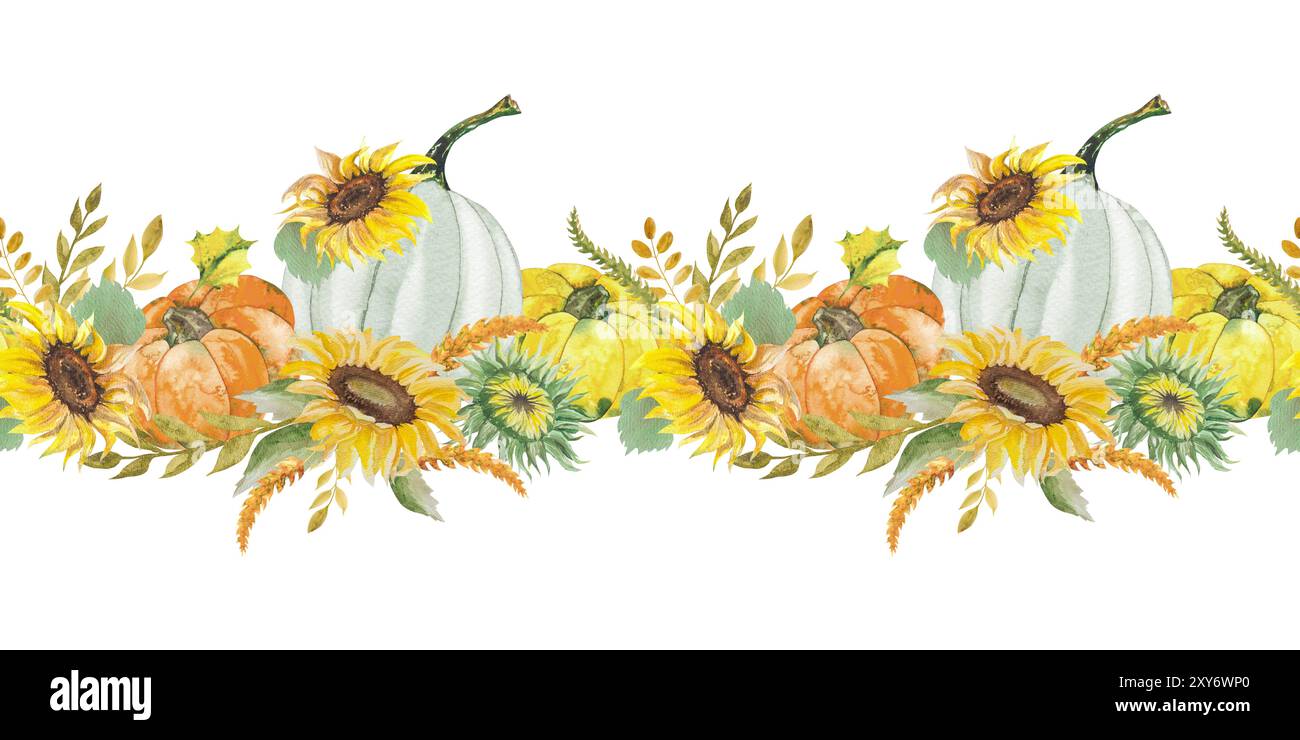 Seamless border with sunflowers, pumpkins, twigs and leaves. Watercolor ...
