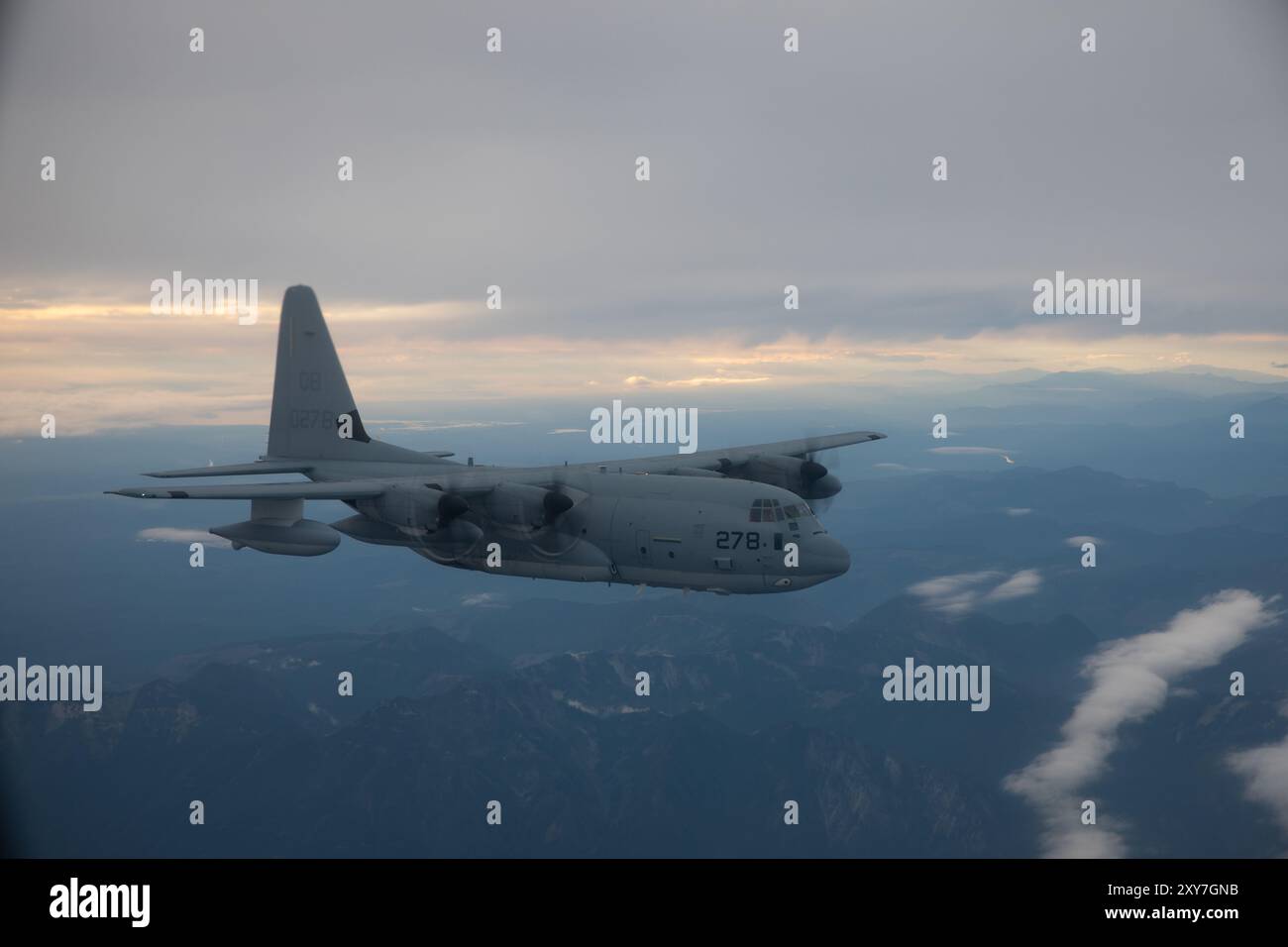 A U.S. Marine Corps KC-130J Super Hercules aircraft with Marine Aerial Refueler Transport Squadron (VMGR) 352, Marine Aircraft Group 11, 3rd Marine Ai Stock Photo