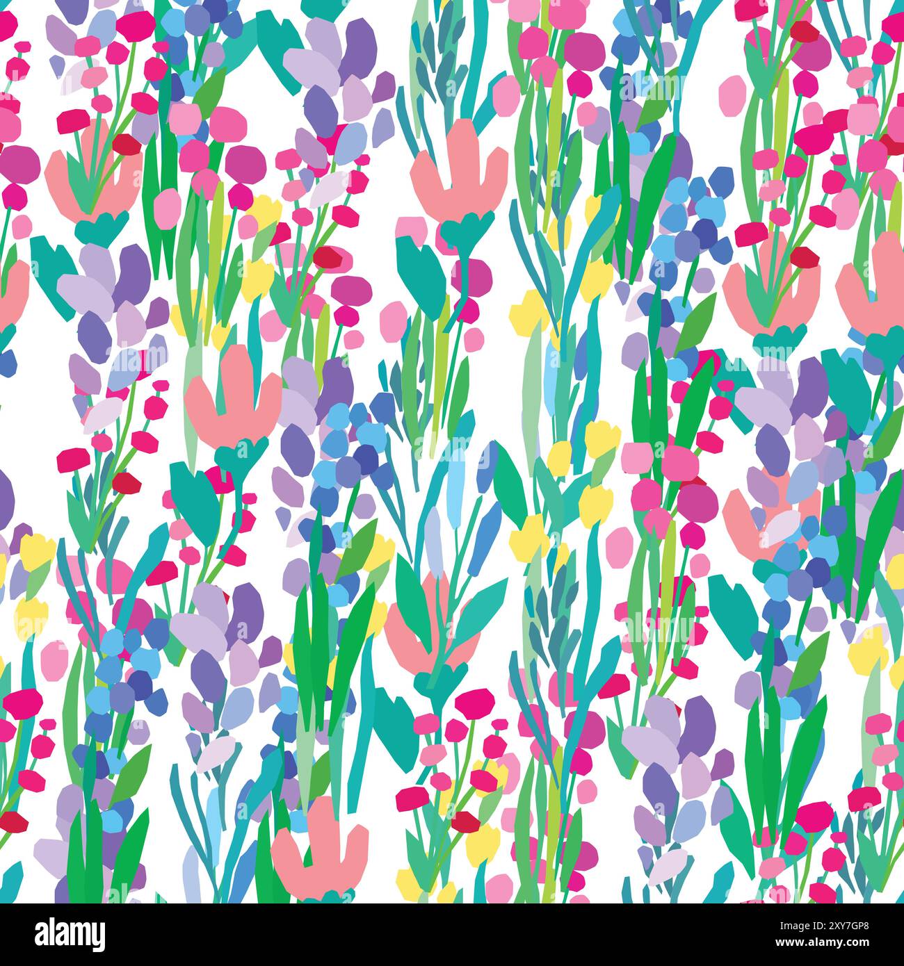 Seamless pattern of colorful flowers and leaves on a white background ...
