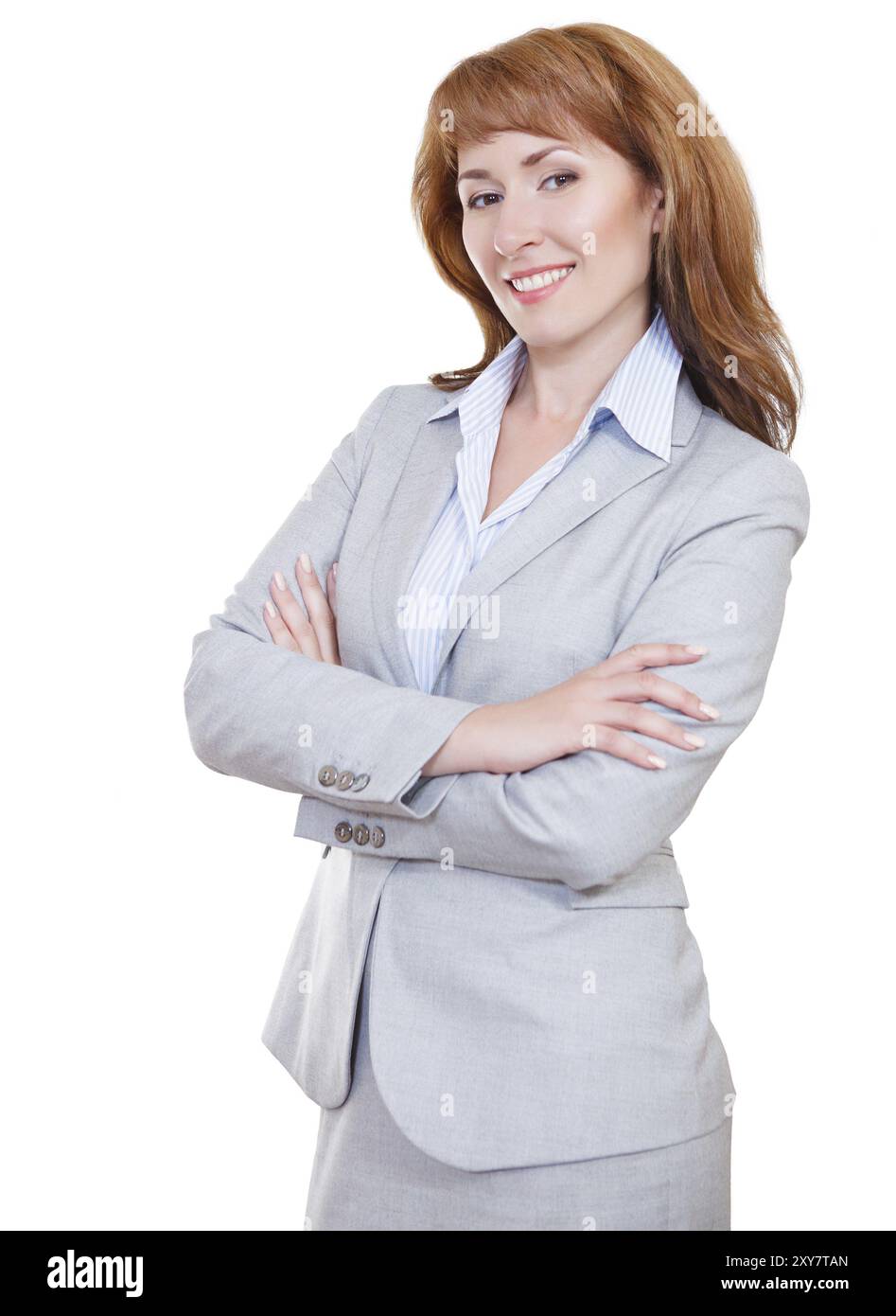 Portrait of a young attractive business woman in grey suit Stock Photo ...