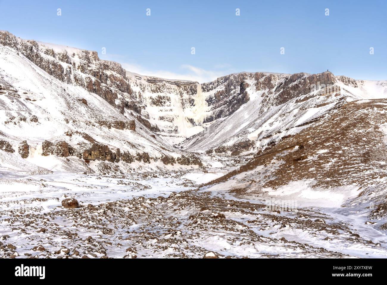 The beautiful Hengifoss waterfall frozen in the cold winter of Iceland ...