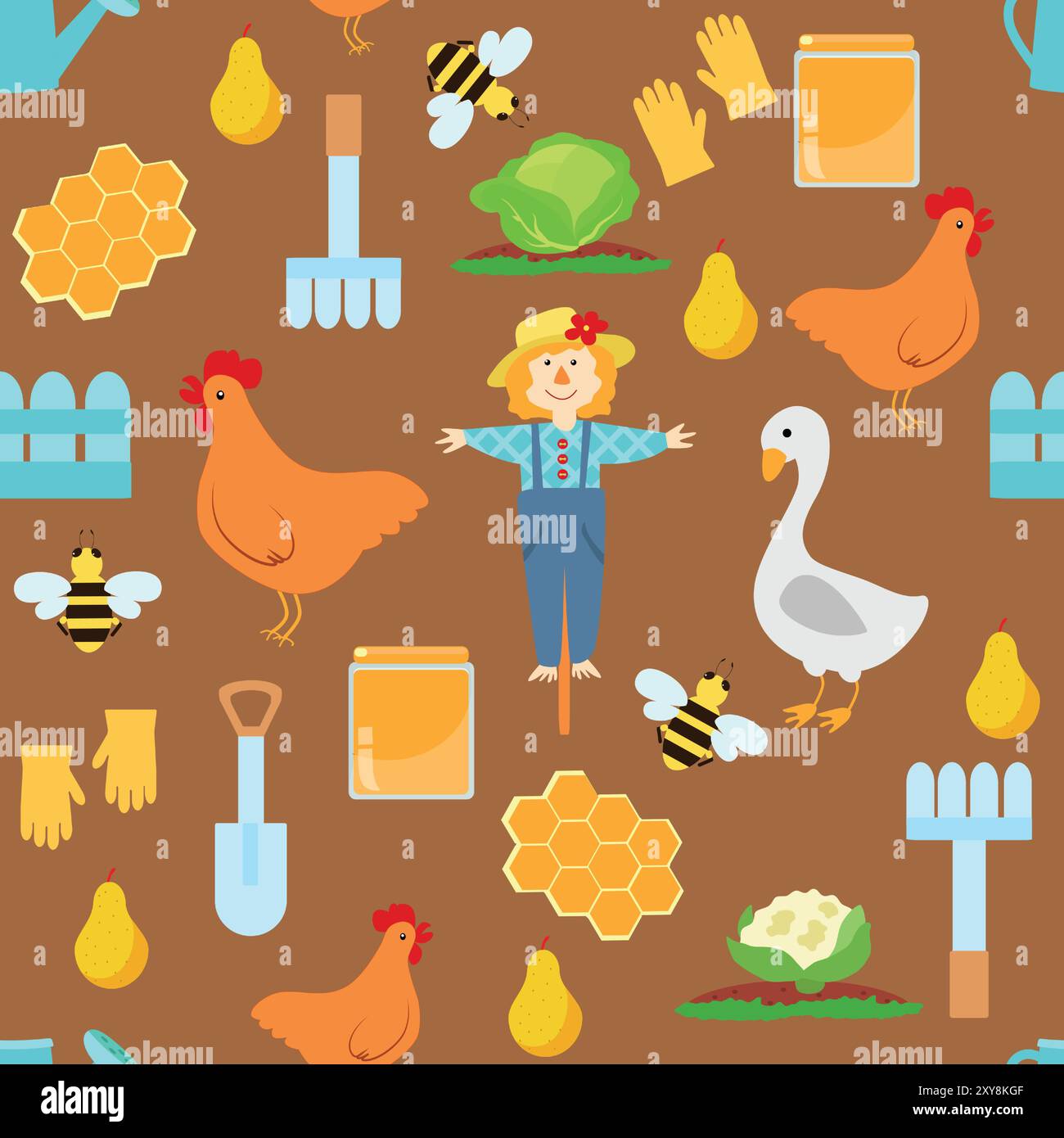 Seamless pattern with cute scarecrow and farm, chicken, bee, honey, cabbage, cauliflower, honeycomb, gloves, shovel, rake, cartoon style. Stock Vector