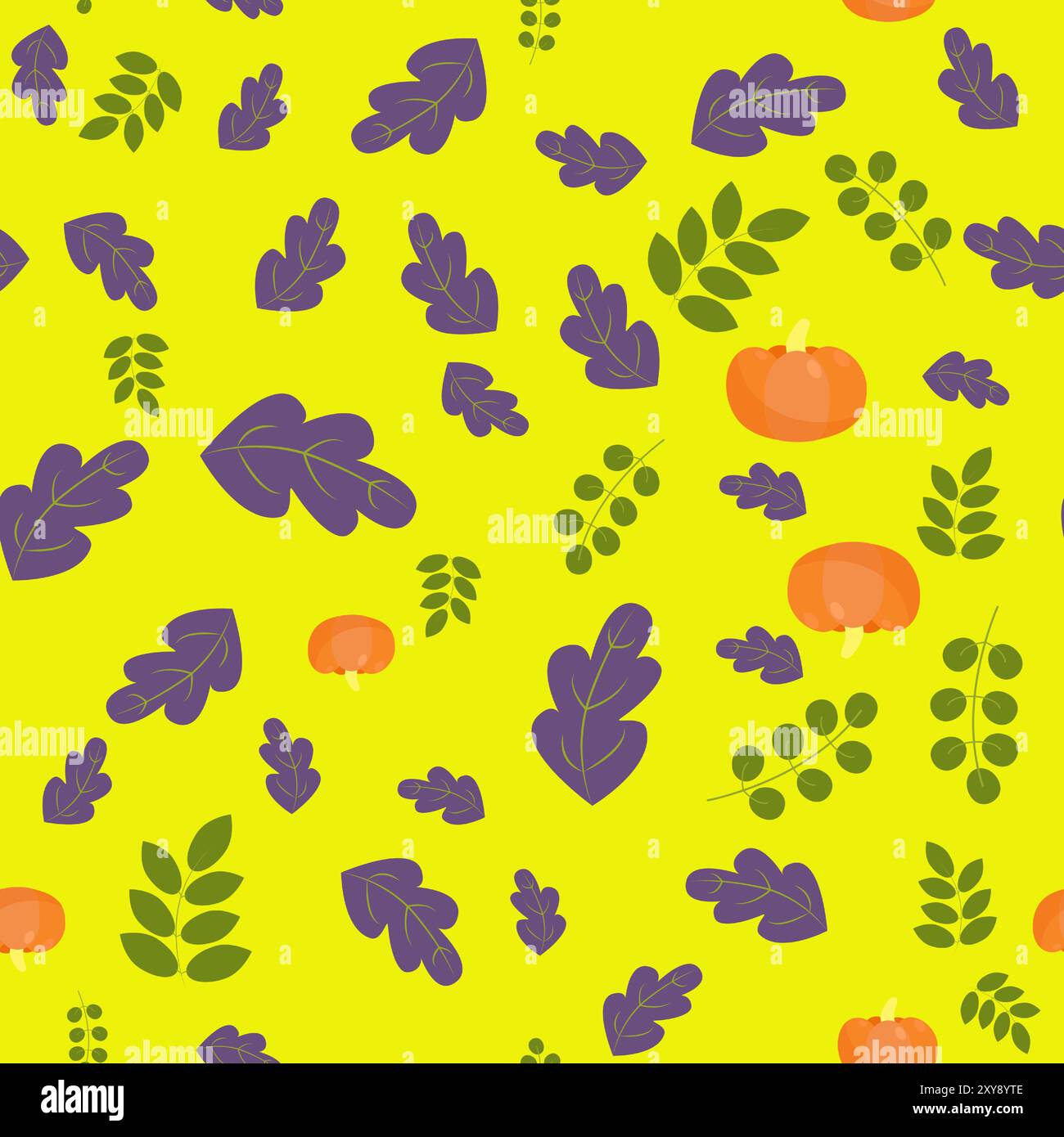 Seamless pattern leaves and pumpkins on a yellow background. Pattern for packaging, textiles, wallpapers. Stock Vector
