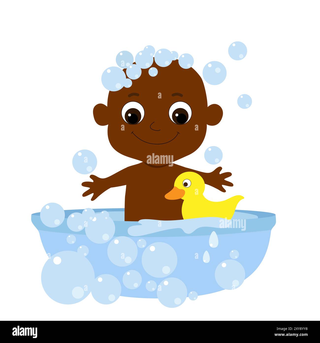 Little cute baby bathes in a bathtub with soap bubbles and a yellow ...