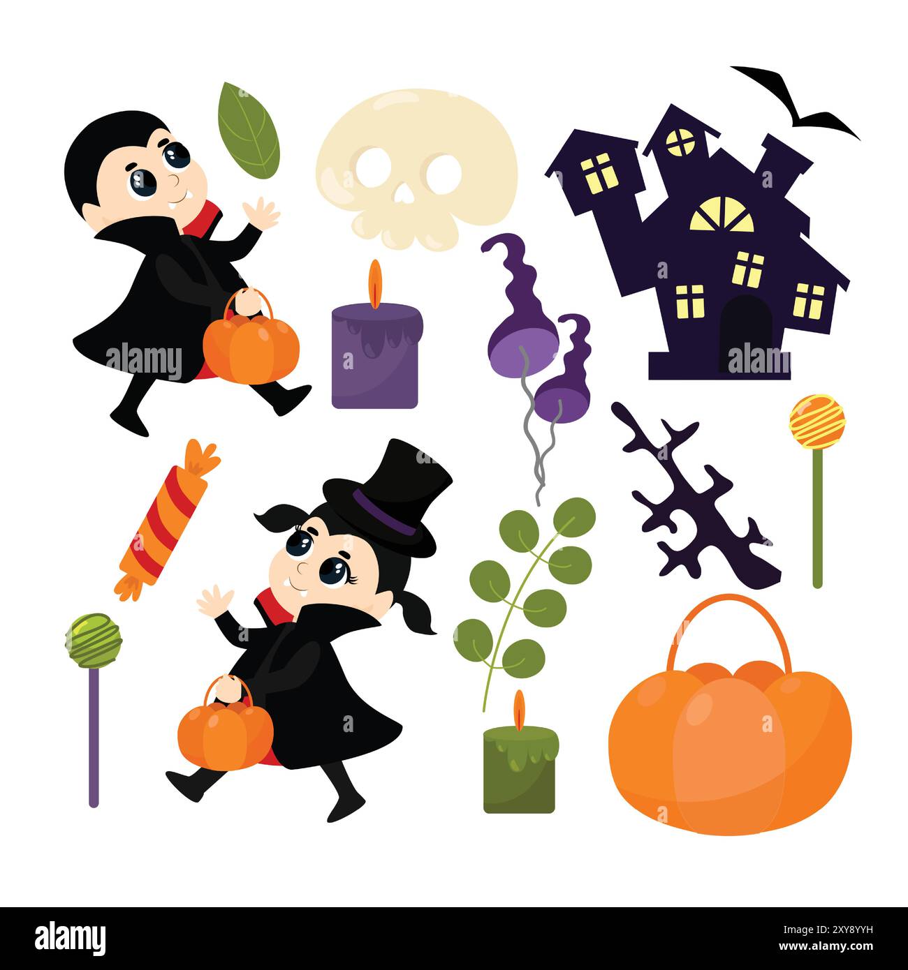 Set children in vampire costumes and Halloween attributes plant leaves