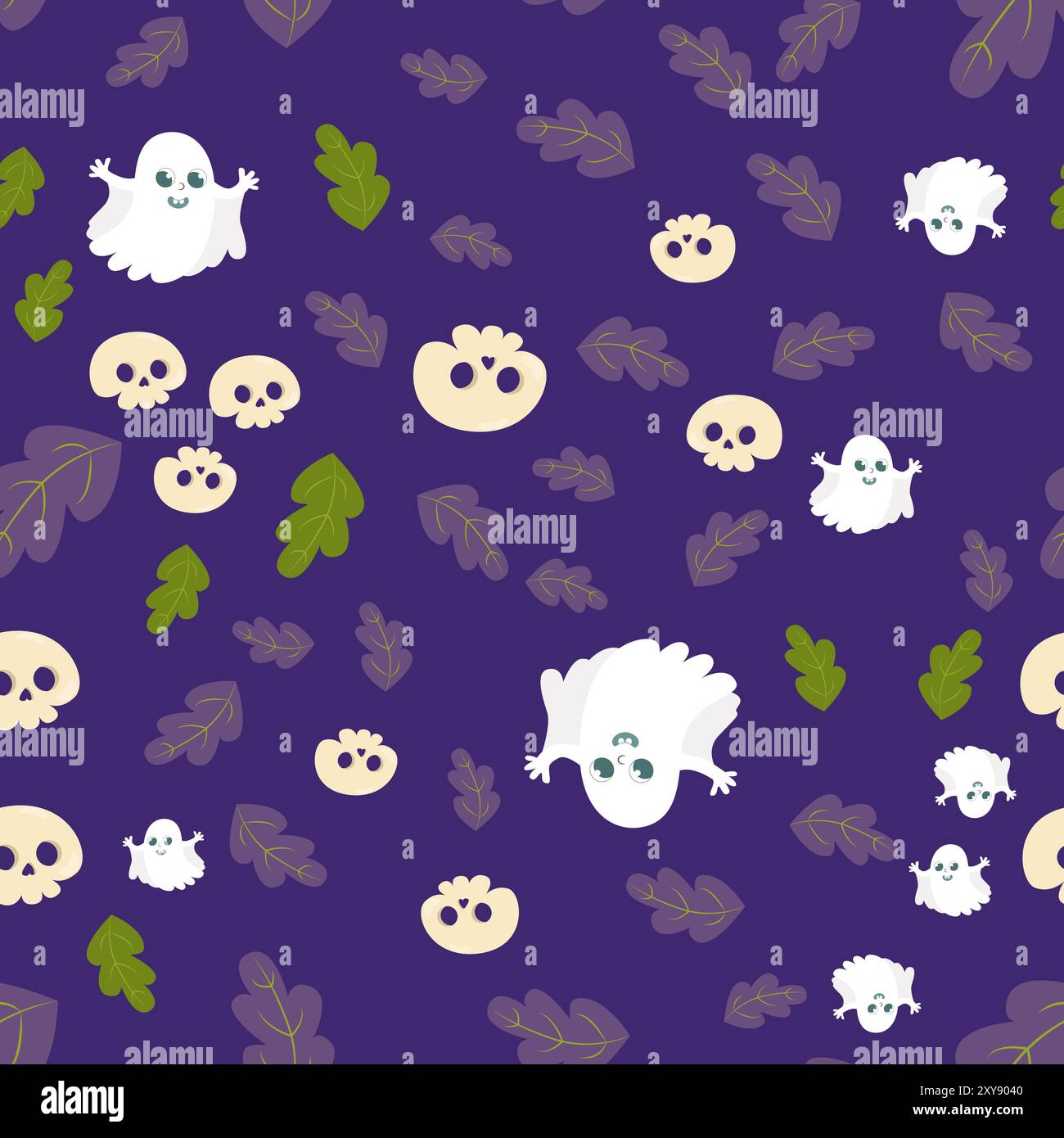 Seamless pattern cute ghost and skull and leaves. Halloween background ...