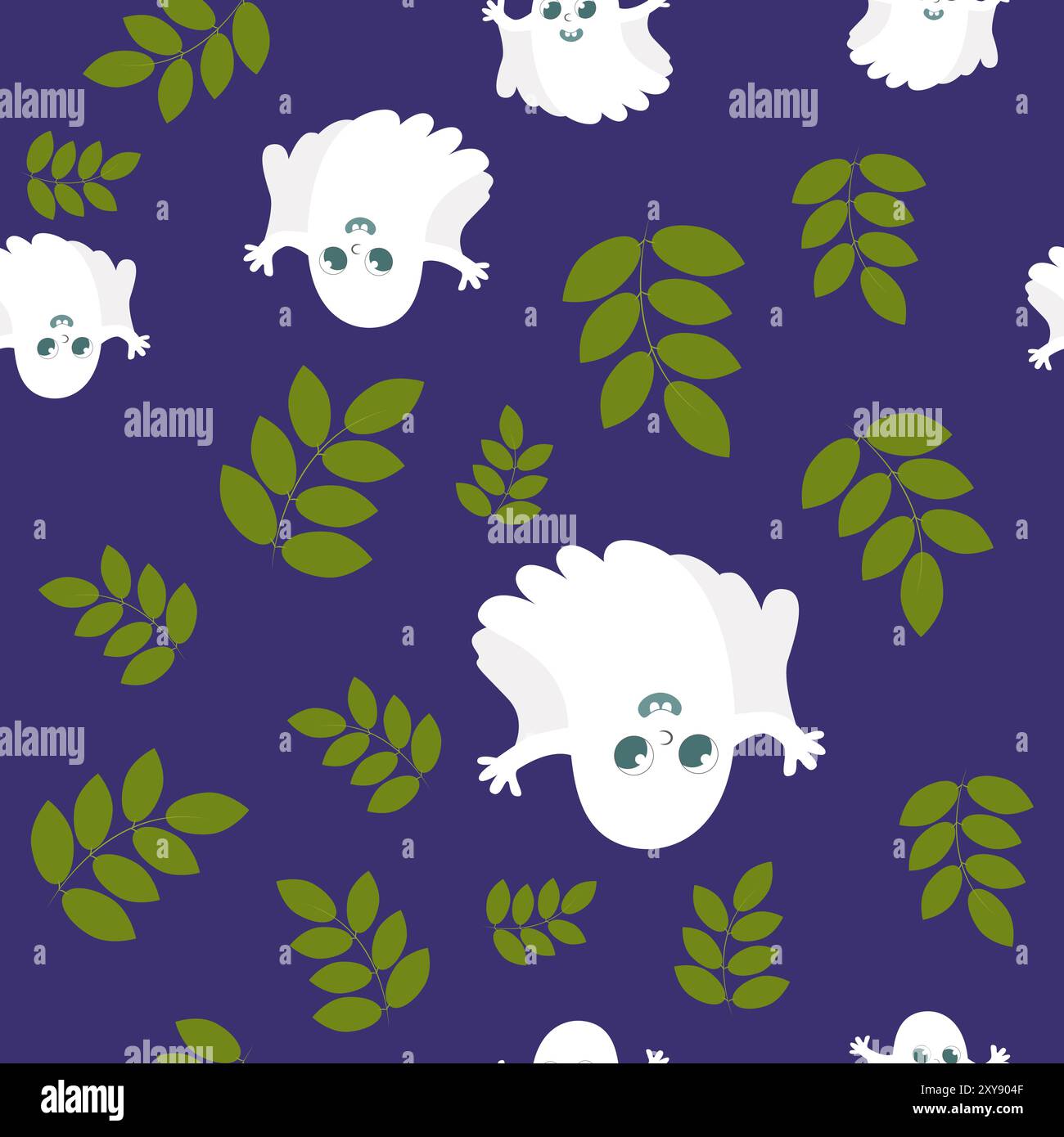 Seamless pattern leaves and cute charming ghost. Halloween pattern in cartoon style. Pattern for textiles, packaging, wallpapers. Stock Vector