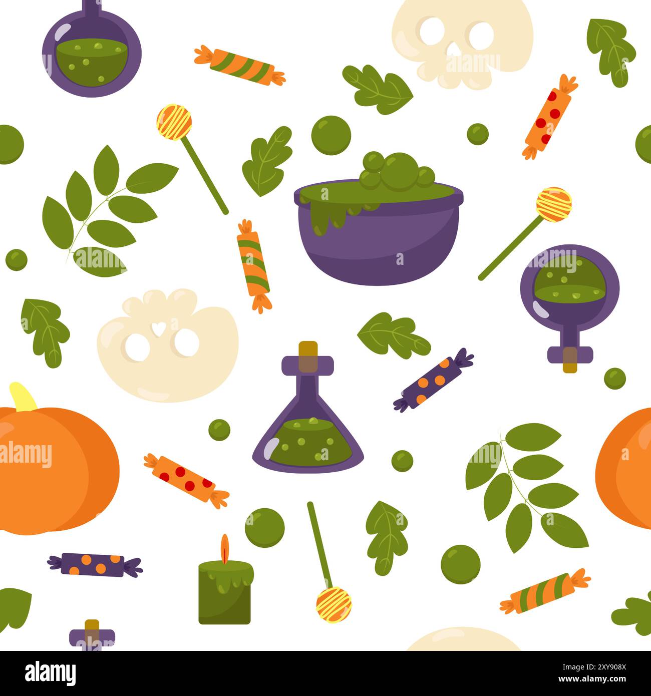 Halloween pattern and leaves, skull, potion, candles, pumpkin, candy in cartoon style on a white background. Stock Vector
