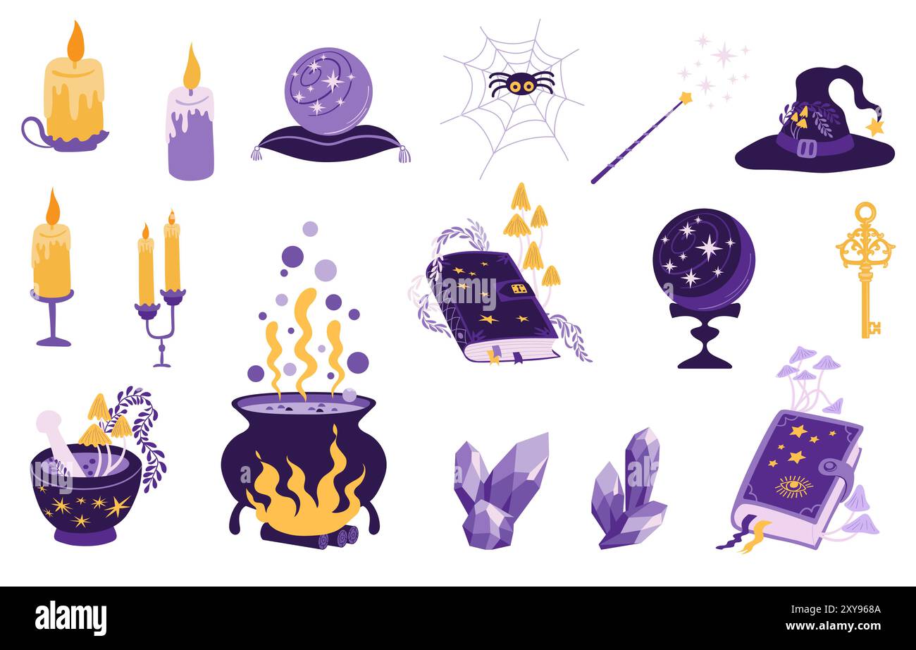Witch magic elements, candles,  poisonous mushrooms, magic crystals, potion Stock Vector