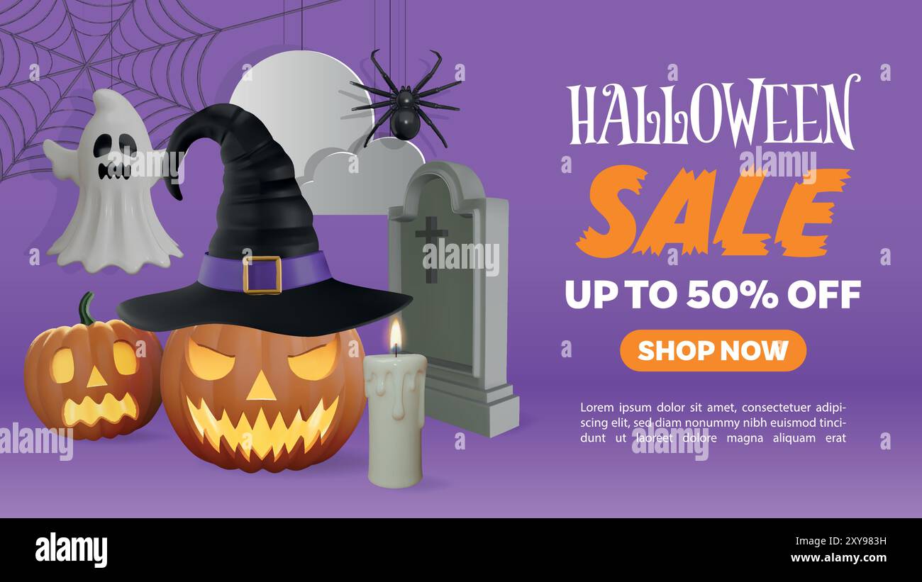 halloween sale banner with 3d elements and paper full moon and cloud. halloween background with 3d pumpkins Stock Vector