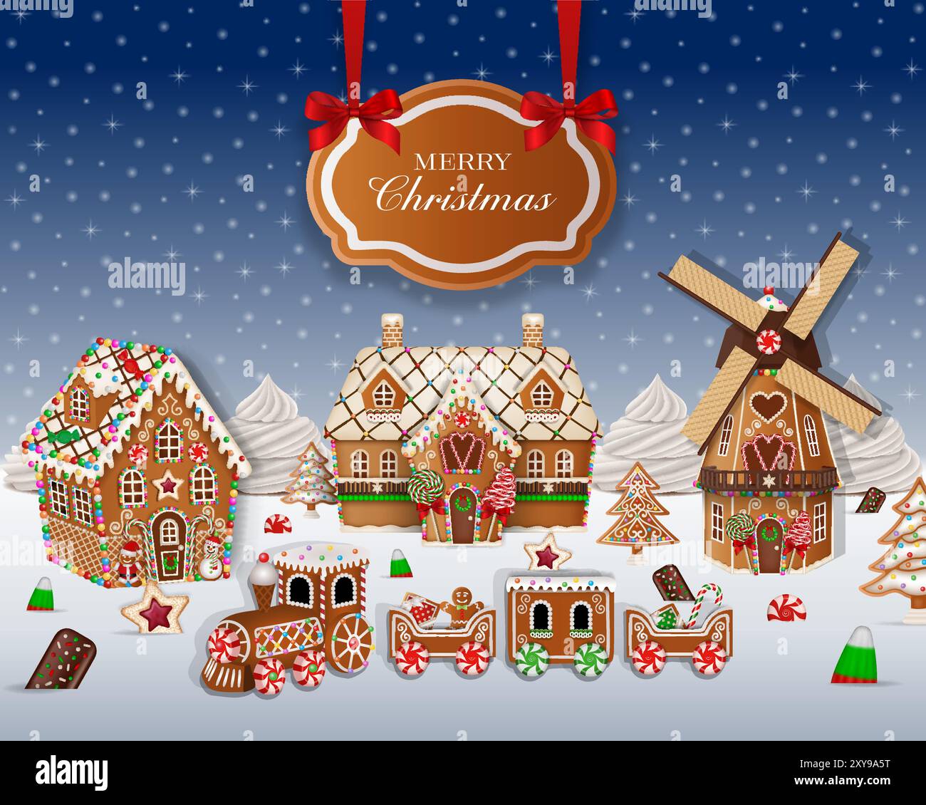 christmas greeting card with gingerbread landscape. and red bow ...