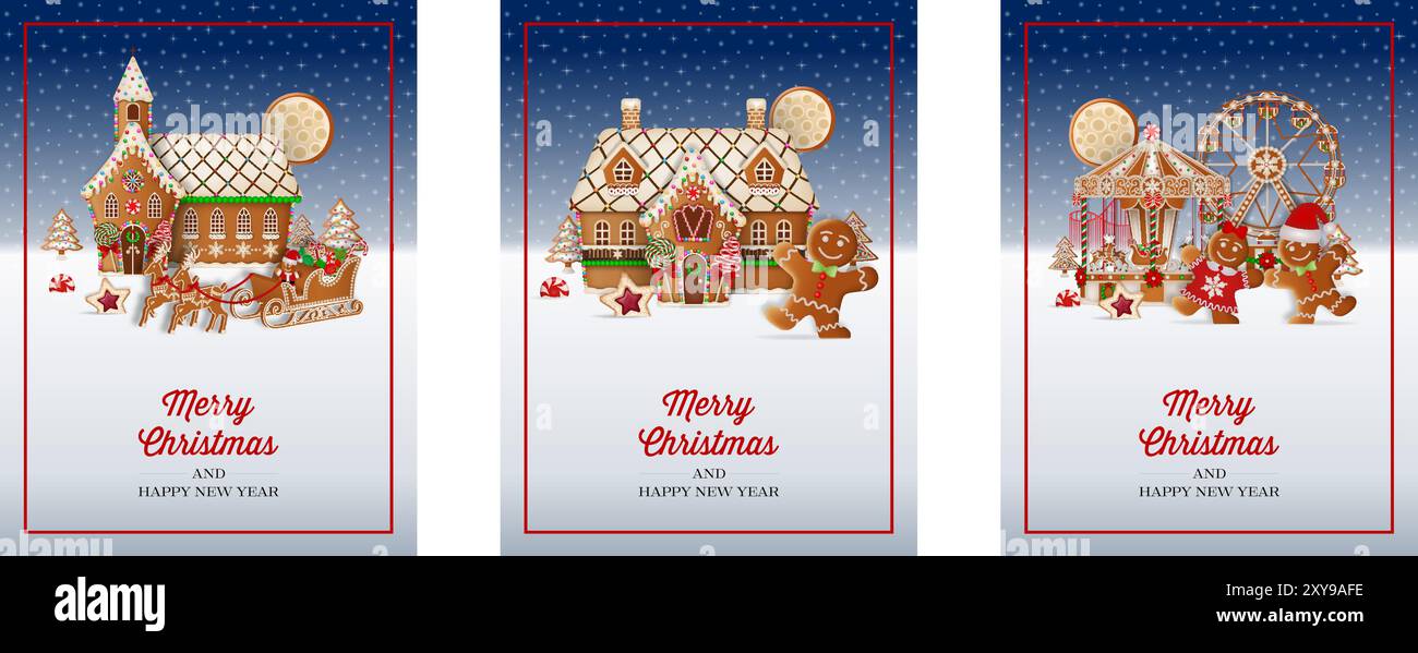christmas greeting card with gingerbread landscape. and red bow ...