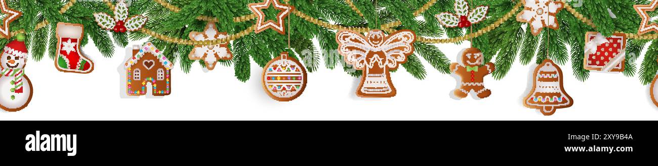 seamless christmas border with pine branches and sweets Stock Vector ...