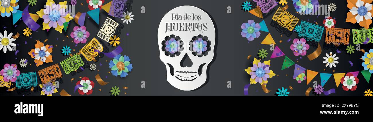 dia de los muertos banner with paper flowers and skull. day of dead background Stock Vector