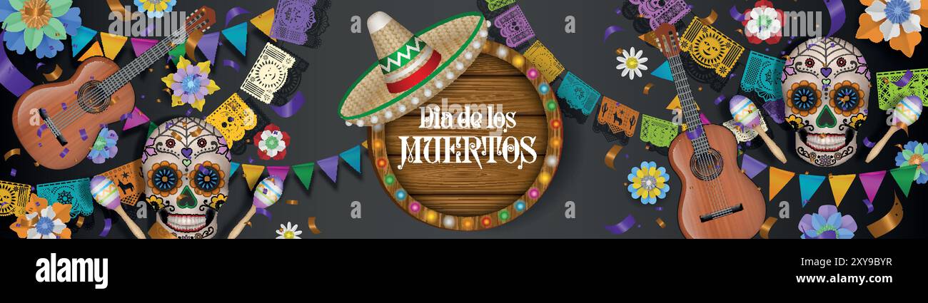 dia de los muertos banner with wooden signboard and sombrero. day of ...