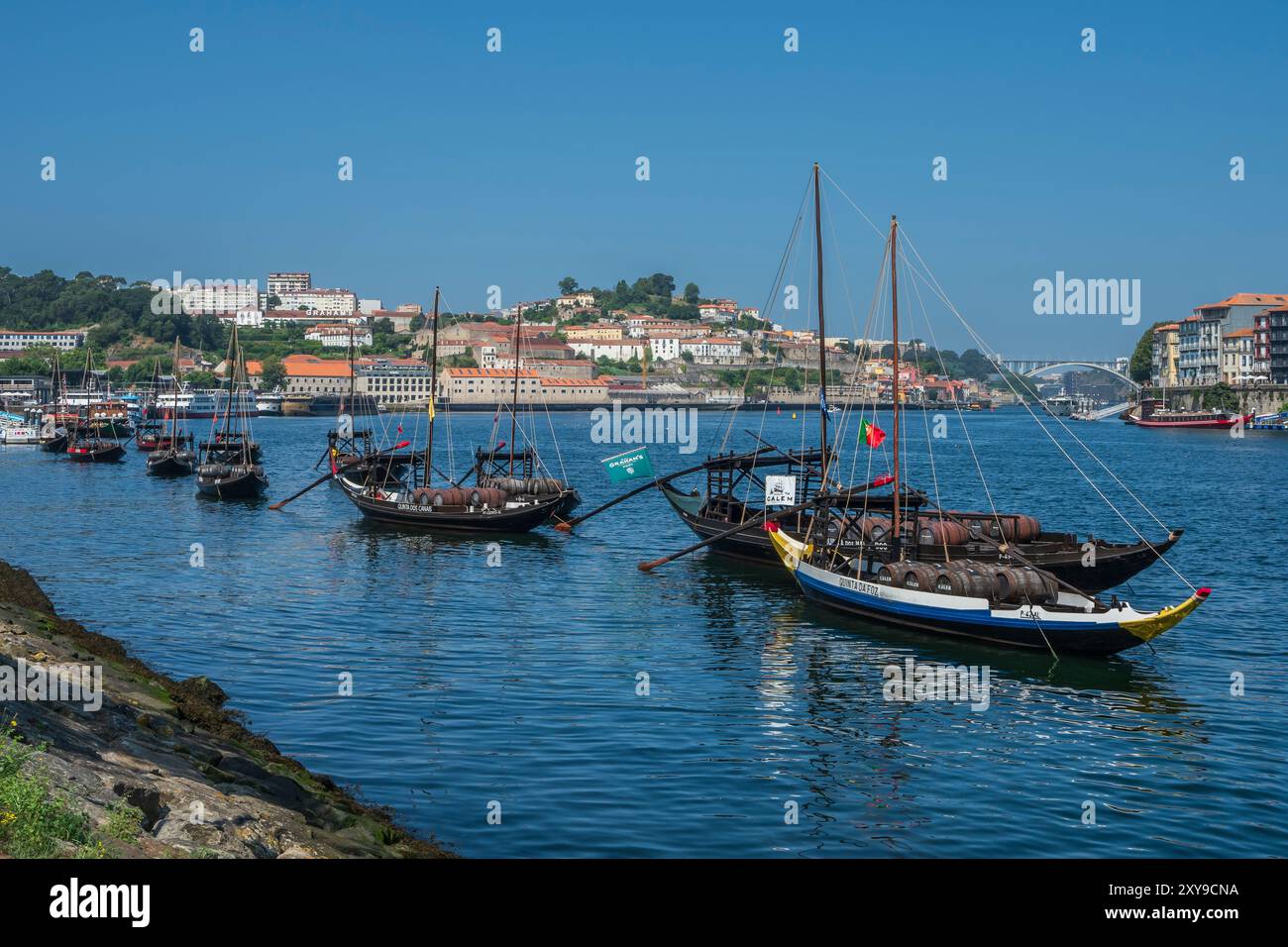 Rabelo boats along the waterfront, Vila Nova de Gaia, Portugal. Stock Photo