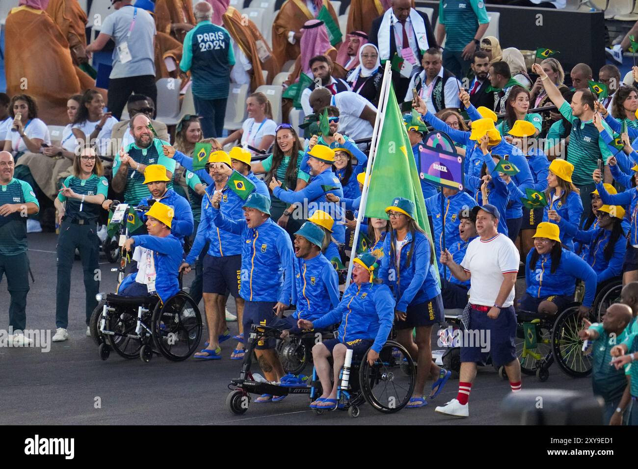 Paris, France. 28th Aug, 2024. PARIS, FRANCE - AUGUST 28: Brazil are led by flagbearers Gabriel Geraldo Dos Santos Araujo and Elizabeth Rodrigues Gomes during the Opening Ceremony of the Paralympic Games Paris 2024 at Place de la Concorde on August 28, 2024 in Paris, France. (Photo by Patrick Goosen/BSR Agency) Credit: BSR Agency/Alamy Live News Stock Photo