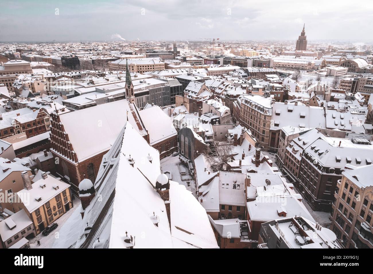 View from the spire of St. Peter's Church in Riga, Latvia, on a snowy winter day Stock Photo