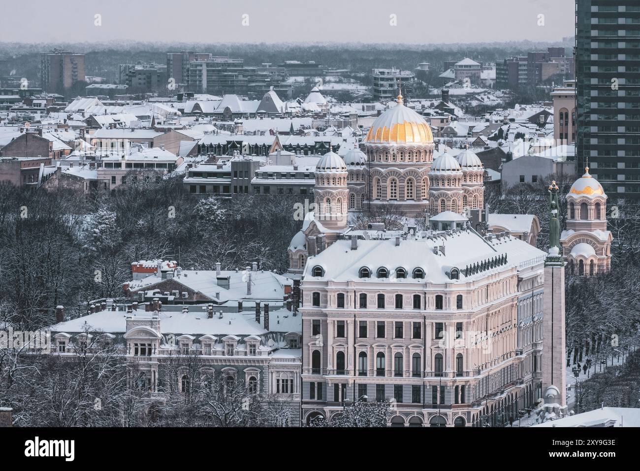 View from the spire of St. Peter's Church in Riga, Latvia, on a snowy winter day Stock Photo