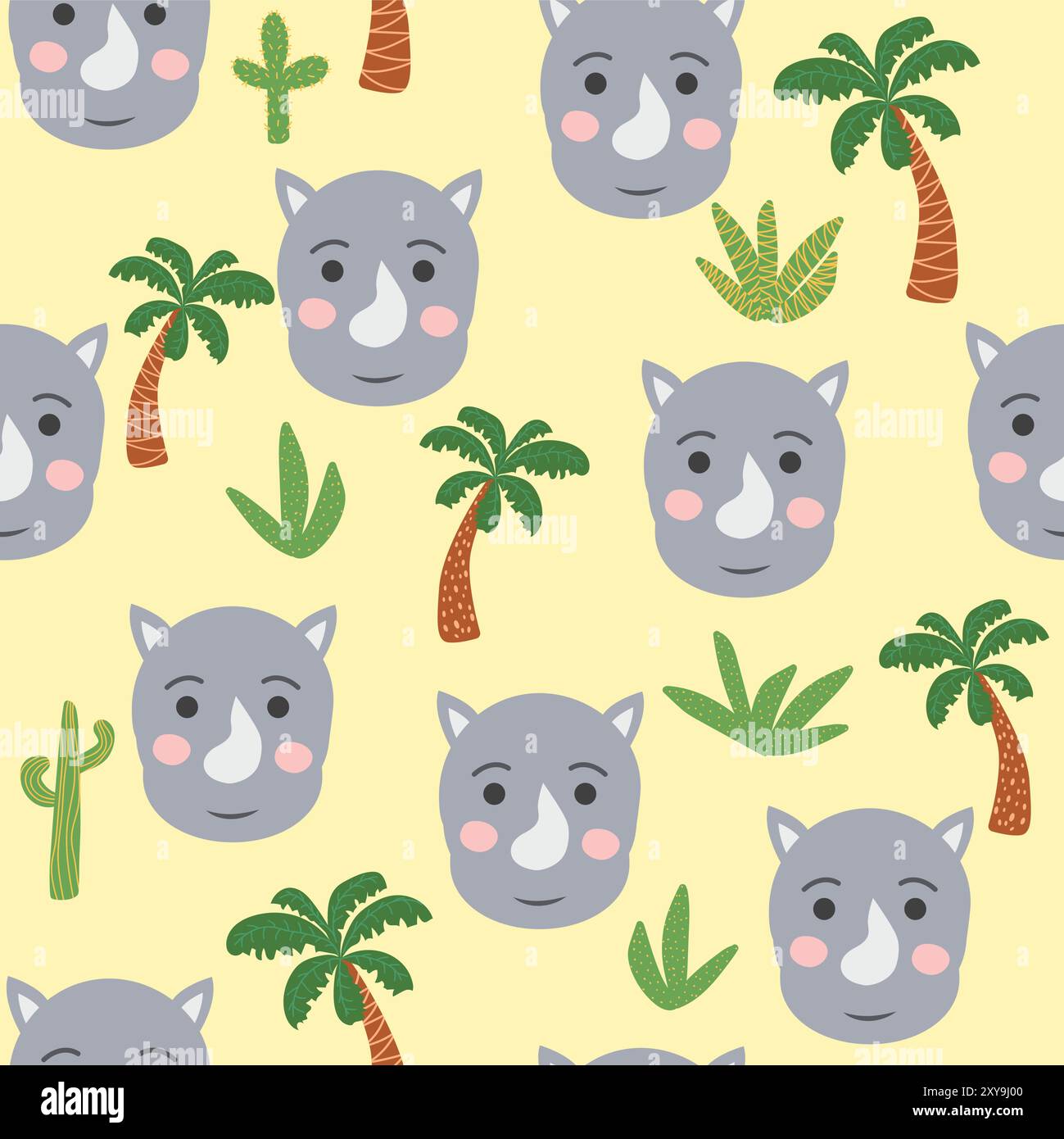 Seamless pattern with cute rhino animal faces. Illustration in boho style, dream catcher, cactus, palm trees, tropics Stock Vector