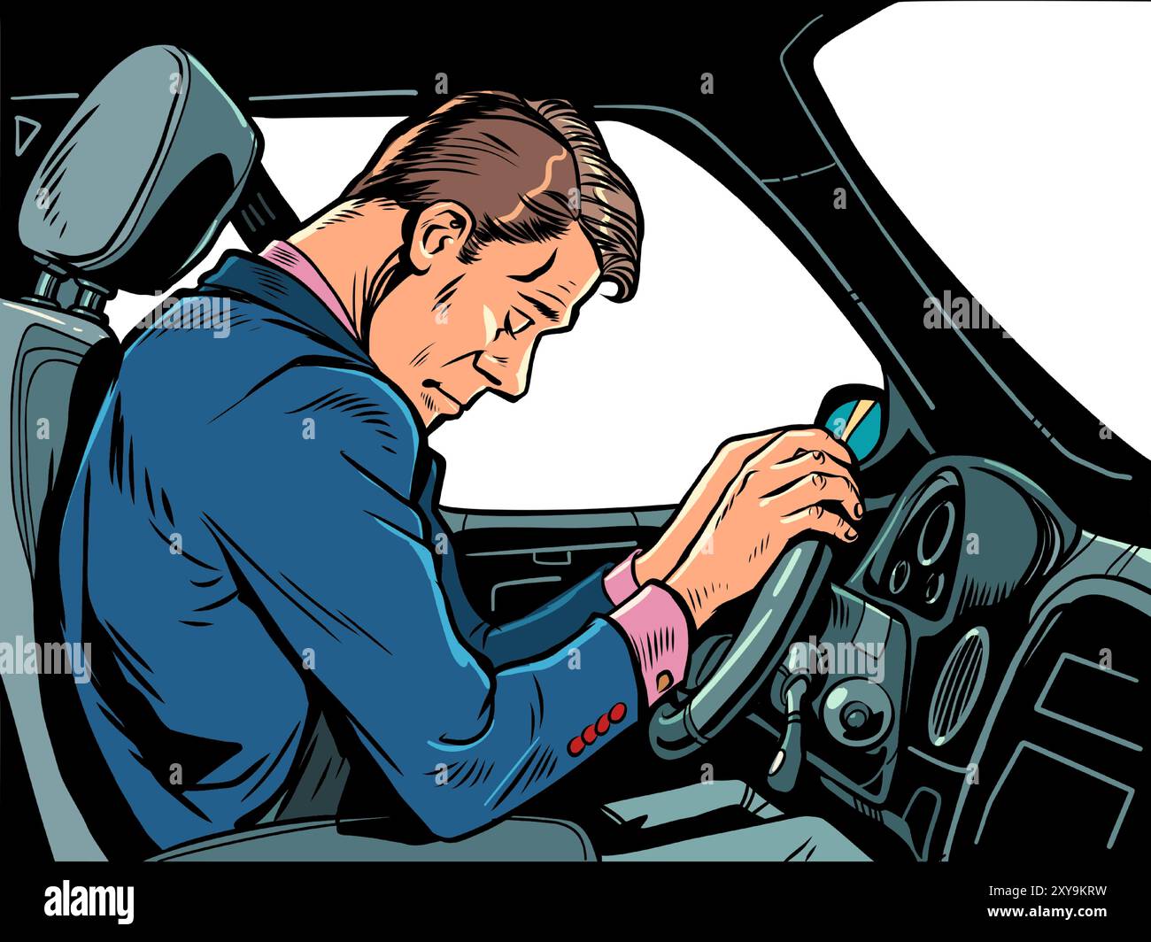 A man fell asleep in a car while driving. Fatigue from overwork and incredible workload. The danger of inattention and negligence on the roads. Pop Ar Stock Vector