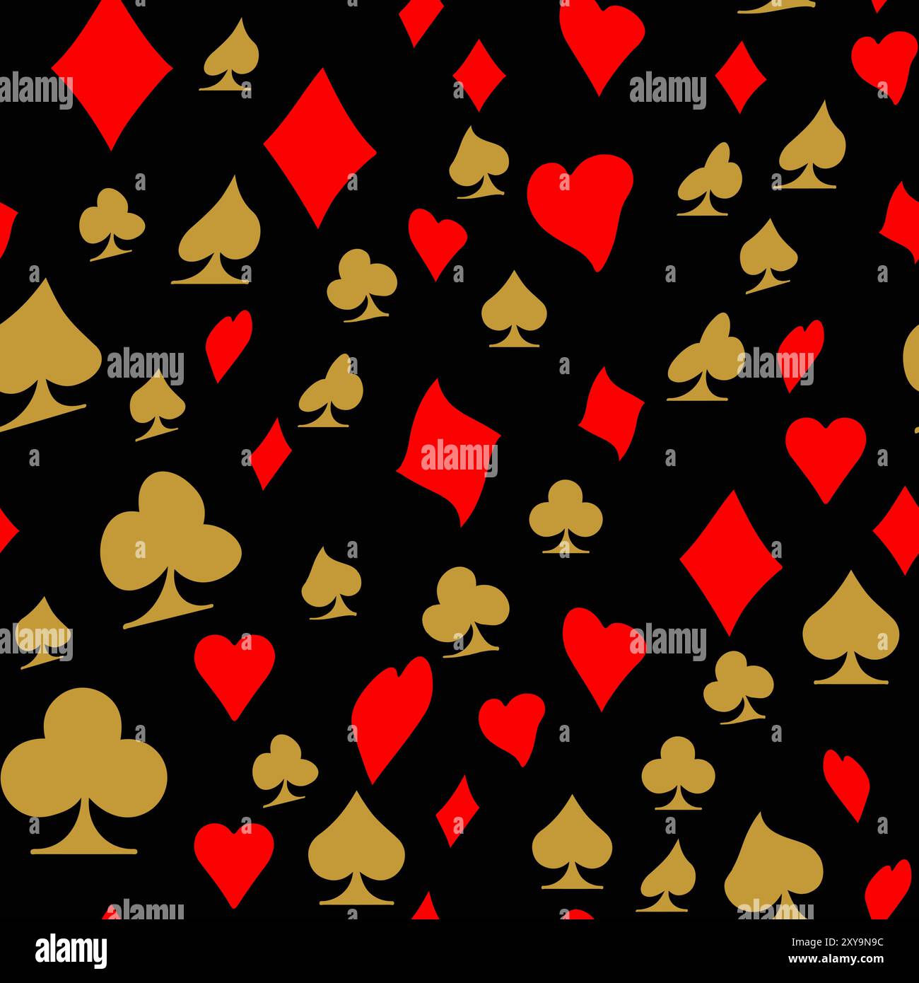 Red, black, golden suits of playing cards seamless pattern. Spades, crosses, diamonds and hearts. suits for playing cards Stock Vector