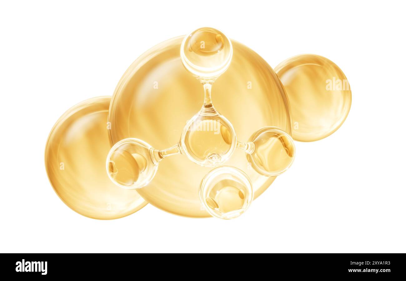 Golden molecule and liquid bubble, 3d rendering. 3D illustration. Stock Photo