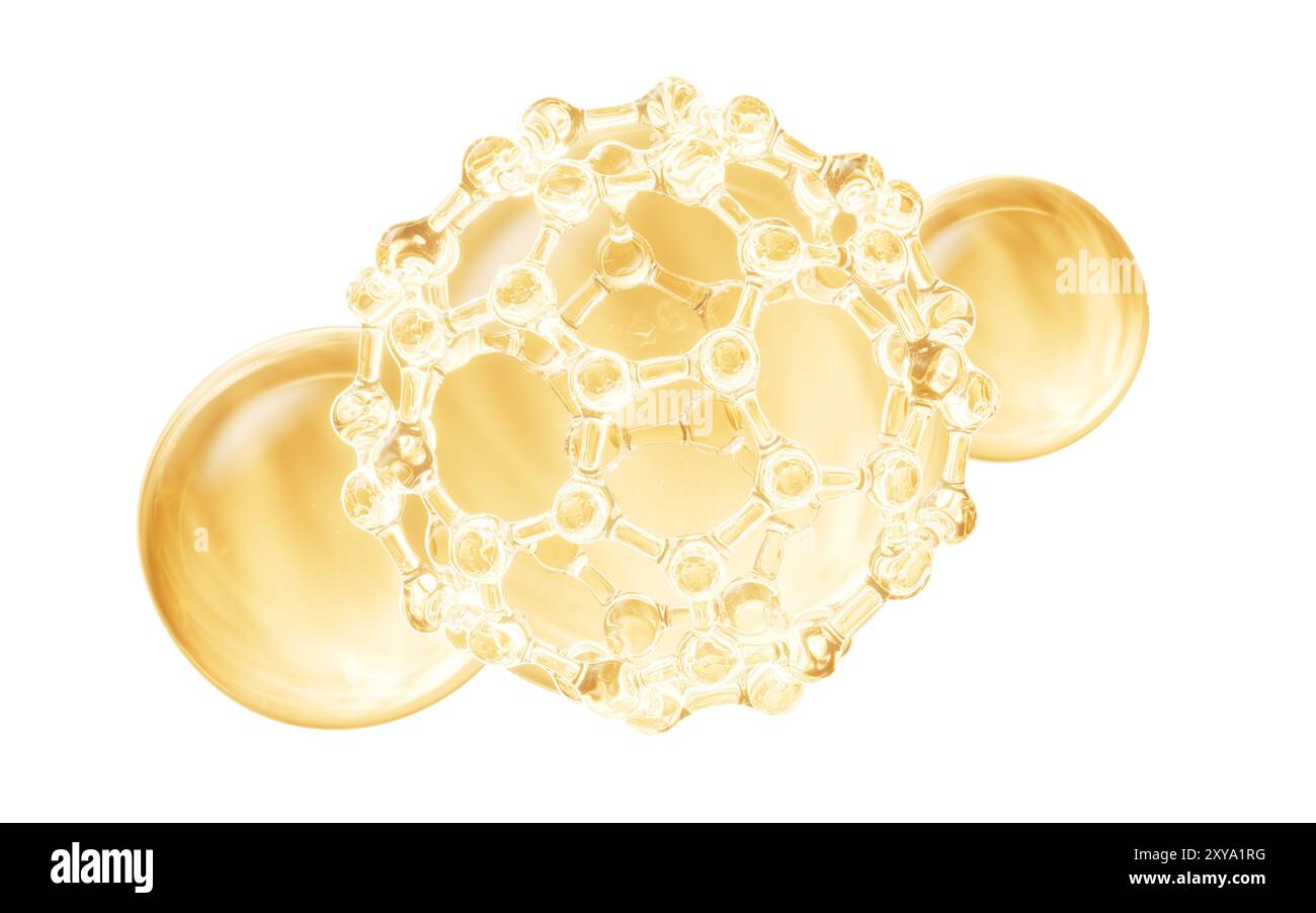 Golden molecule and liquid bubble, 3d rendering. 3D illustration. Stock Photo
